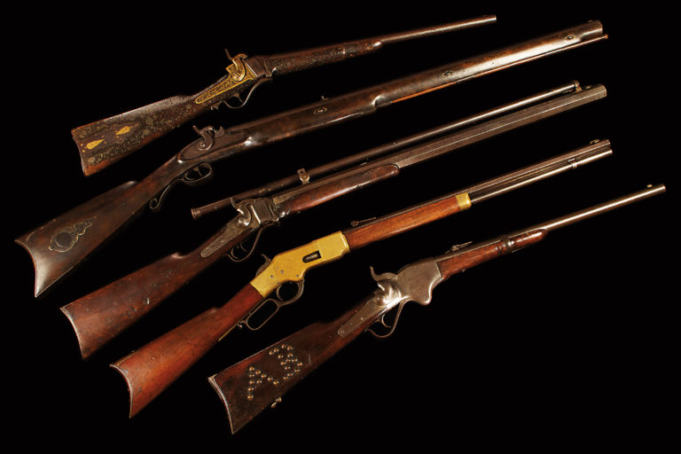 Guns, spears, bows and arrows, knives, tomahawks, and cannons